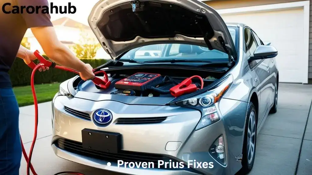 Toyota Prius with hood open and jumper cables connected to 12V battery