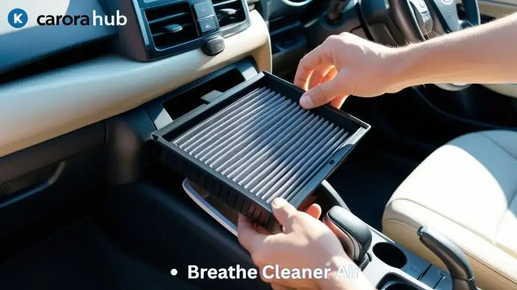 Driver replacing cabin air filter behind glove box in Toyota Prius
