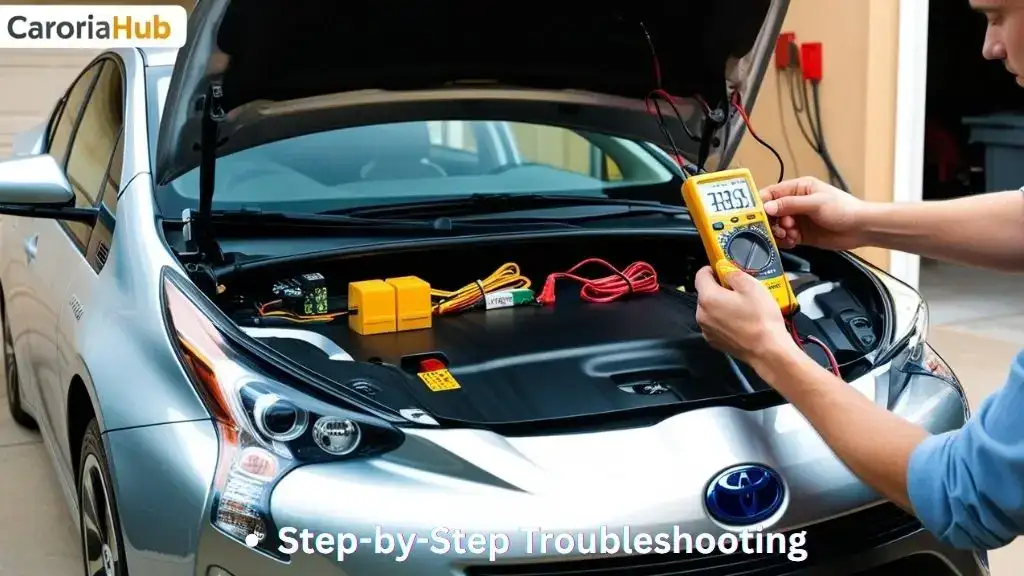 Technician testing Toyota Prius electrical wiring with a multimeter