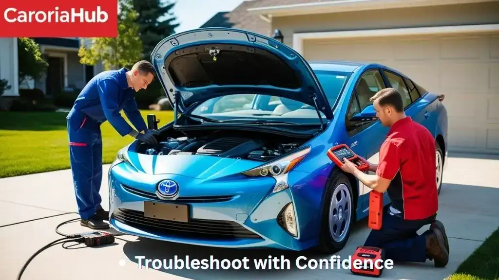 Mechanic inspecting Toyota Prius engine with diagnostic scanner