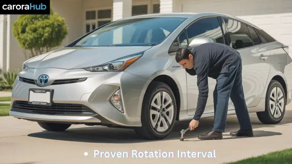 Mechanic rotating tires on Toyota Prius in driveway