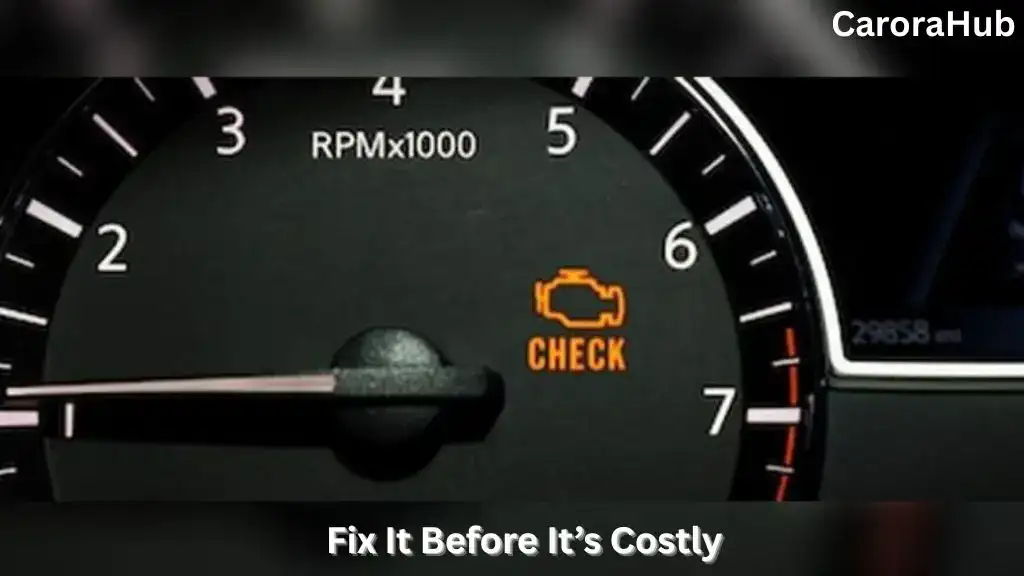 Dashboard of Toyota Prius showing check engine warning illuminated