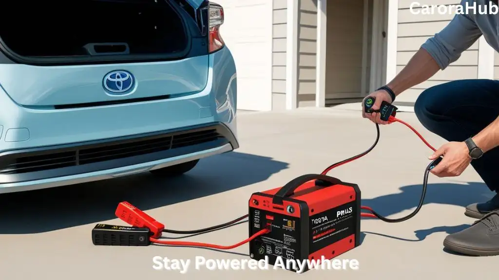 Portable charger connected to a Toyota Prius 12V battery in a driveway.
