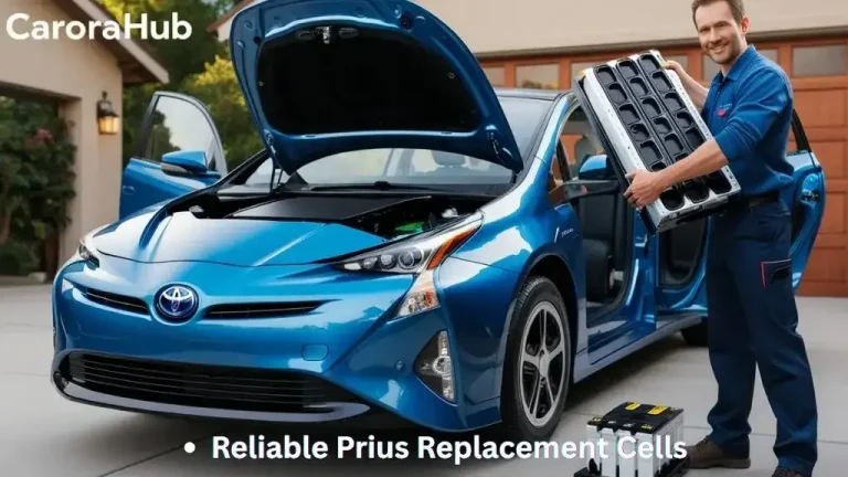 A replacement hybrid battery pack beside a Toyota Prius in a garage.
