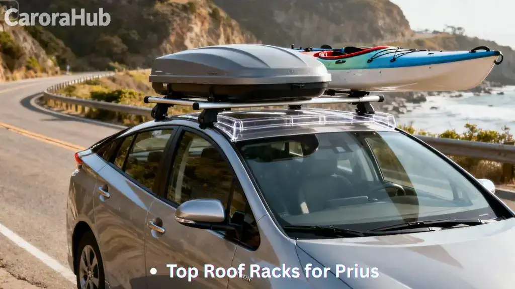 Toyota Prius with roof rack and cargo box carrying travel gear