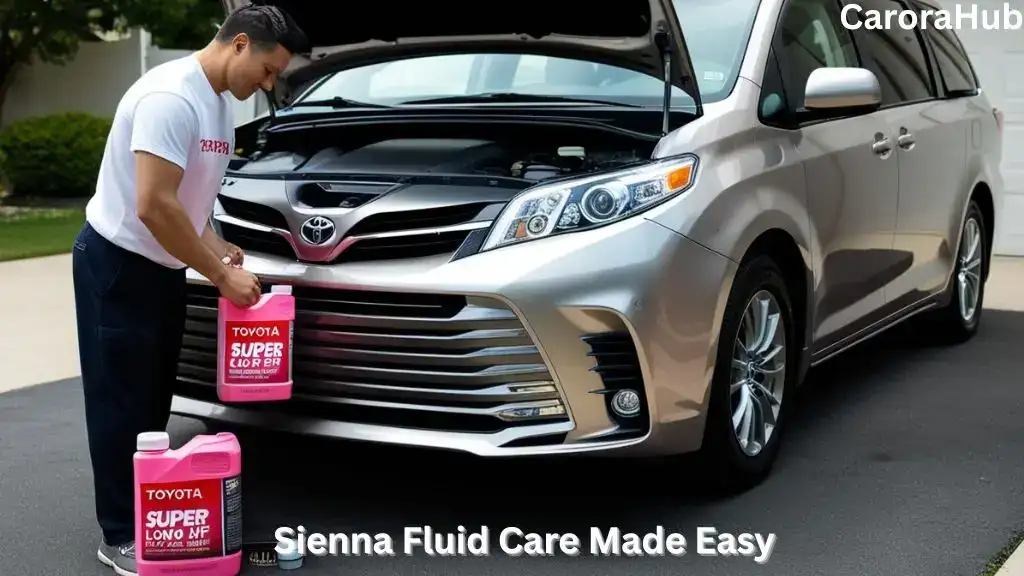 Owner pouring Toyota Super Long Life Coolant into Toyota Sienna reservoir