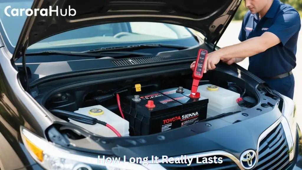 Mechanic testing the battery inside a Toyota Sienna engine bay.