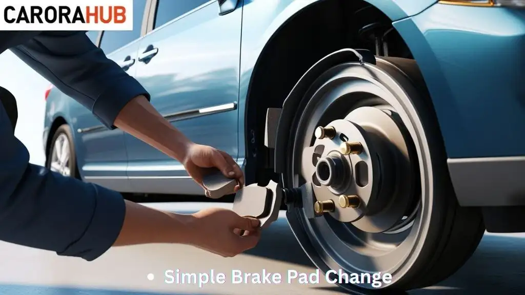 Mechanic replacing front brake pads on a Toyota Sienna.