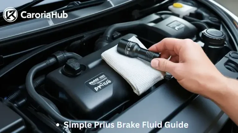 Checking brake fluid level in a Toyota Prius engine bay using a clean cloth and flashlight