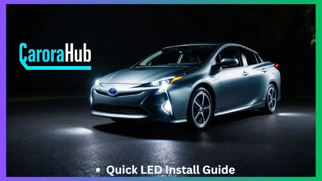 Toyota Prius with newly installed LED headlights shining brightly at night