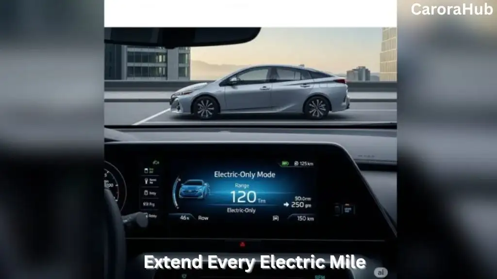 Toyota Prius dashboard showing extended EV range and battery charge indicator