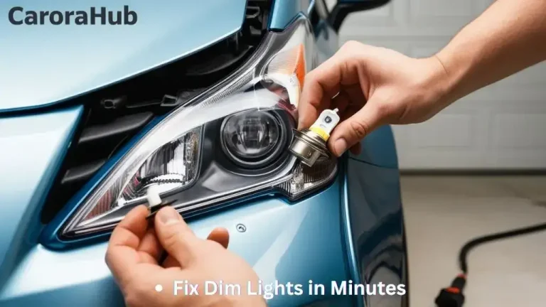 Driver replacing the headlight bulb of a Toyota Prius in a home garage
