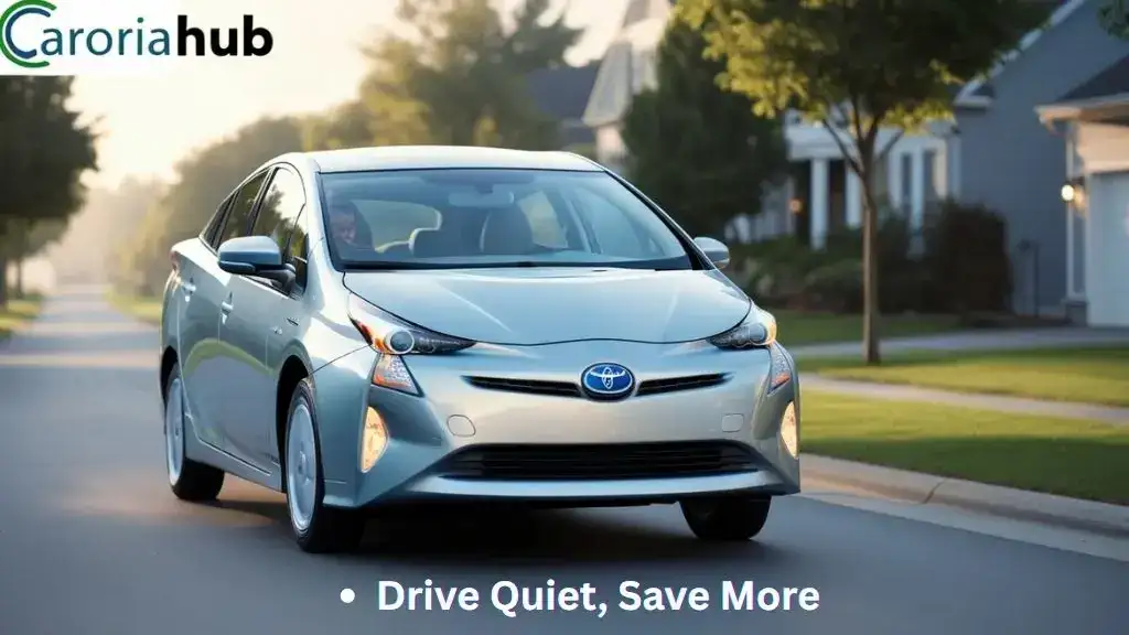 Toyota Prius driving silently in EV mode through a suburban neighborhood