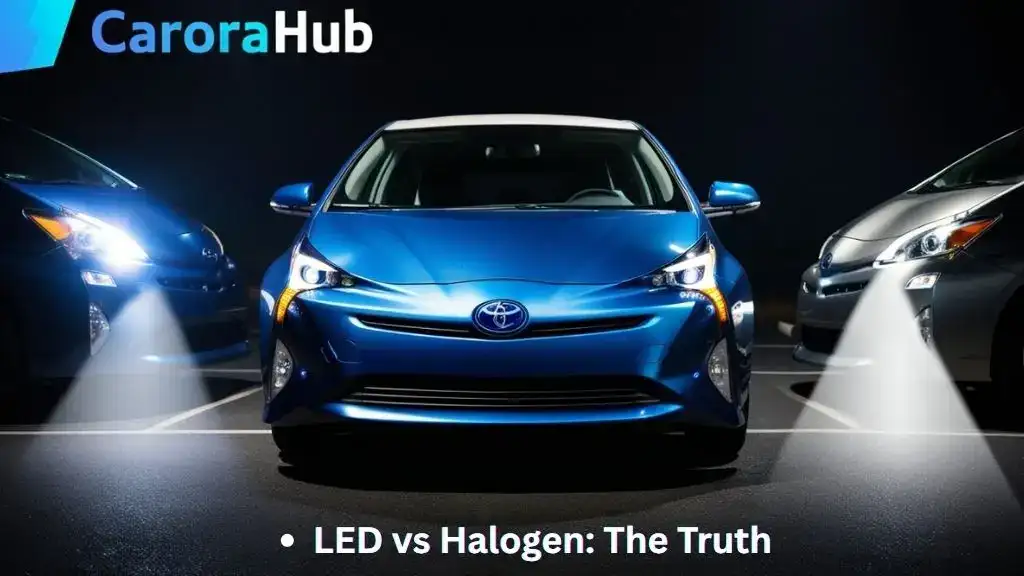 Toyota Prius showing LED and halogen headlights side by side at night