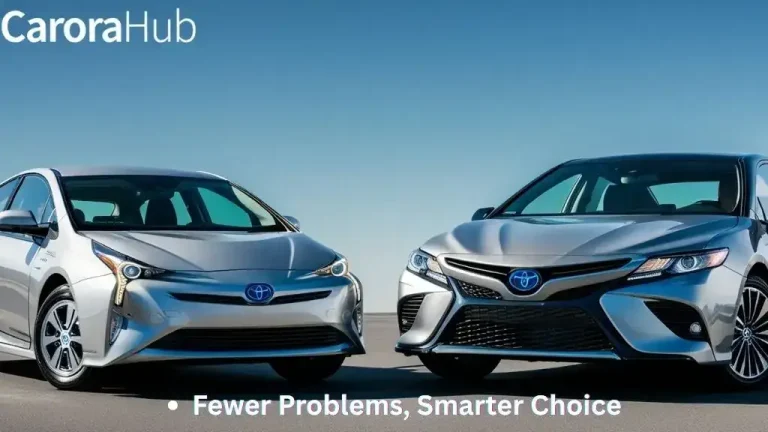 Toyota Prius and Camry Hybrid parked side by side showing dashboard warning lights