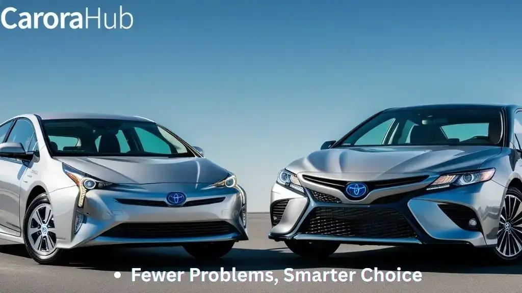 Toyota Prius and Camry Hybrid parked side by side showing dashboard warning lights