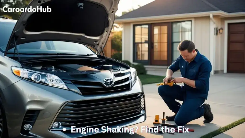 Driver inspecting Toyota Sienna engine to diagnose vibration issues.