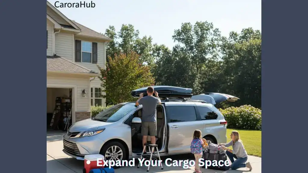 Owner installing roof cargo box on Toyota Sienna roof rails