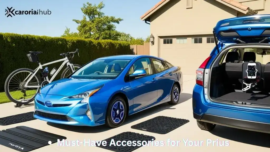 Toyota Prius with installed accessories including roof rack, premium mats and phone mount