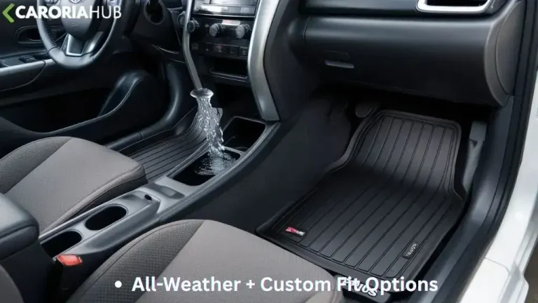 Close-up of a Toyota Prius driver-side footwell with custom all-weather floor mats installed