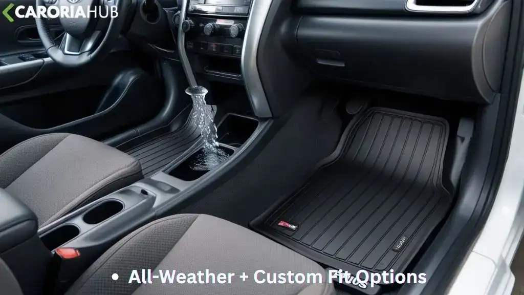 Close-up of a Toyota Prius driver-side footwell with custom all-weather floor mats installed