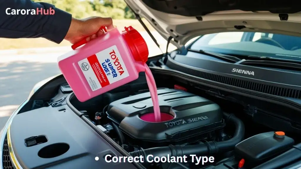 Pouring Toyota pink coolant into a Toyota Sienna reservoir