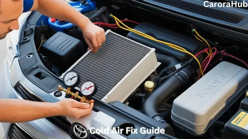 Technician diagnosing Toyota Sienna AC system using refrigerant gauges.