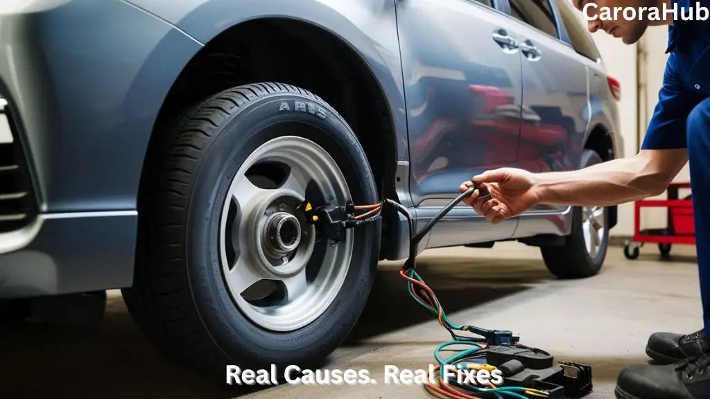 Mechanic inspecting a wheel speed sensor on a Toyota Sienna while the ABS Light on Causes & Fixes Toyota Sienna issue is shown on the dashboard.
