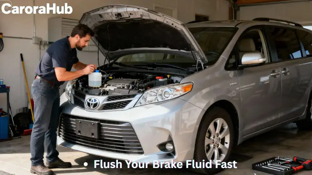 Toyota Sienna owner inspecting brake fluid reservoir