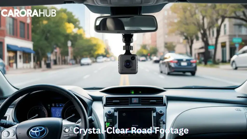 Dash cam mounted inside Toyota Prius recording road ahead