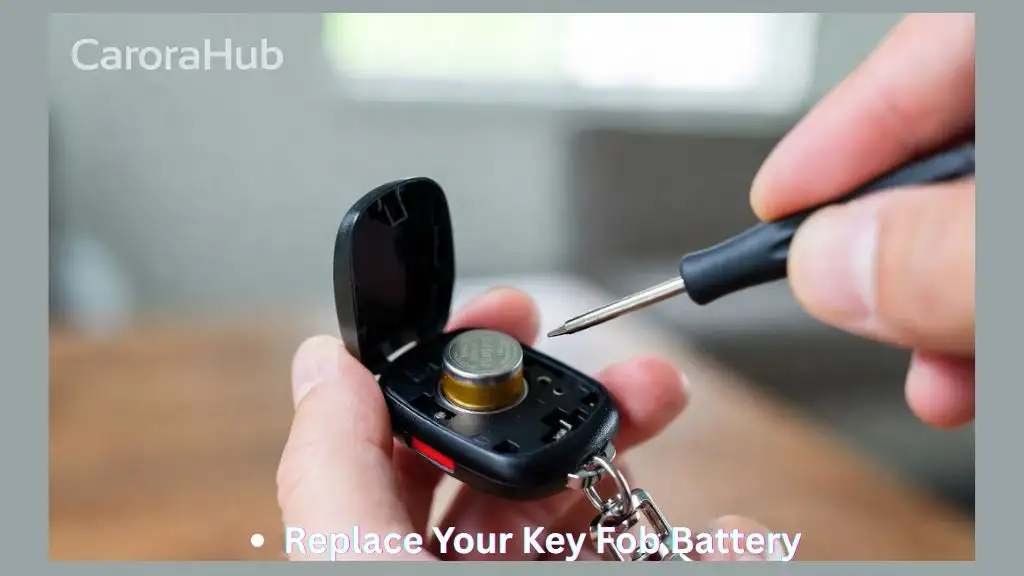 Toyota Sienna key fob opened on a table while the CR2032 battery is being replaced.