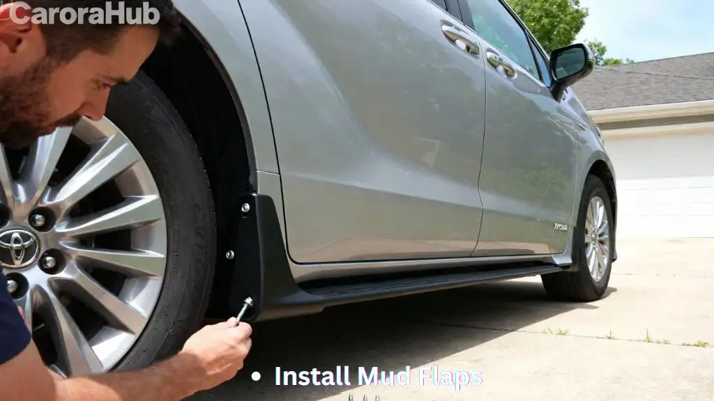 Mechanic installing mud flaps on a Toyota Sienna using screws and clip nuts.