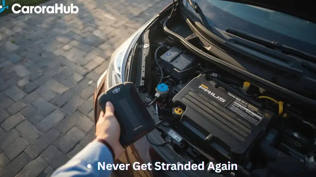 Portable jump starter connected to Toyota Prius 12V battery