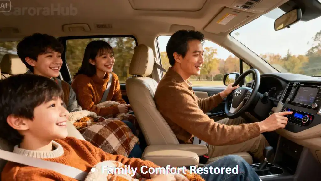 Toyota Sienna driver checking rear AC controls while rear vents blow warm air
