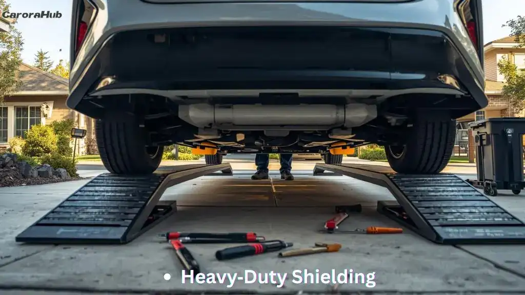 Toyota Prius on ramps with a mechanic installing a catalytic converter shield for theft prevention.