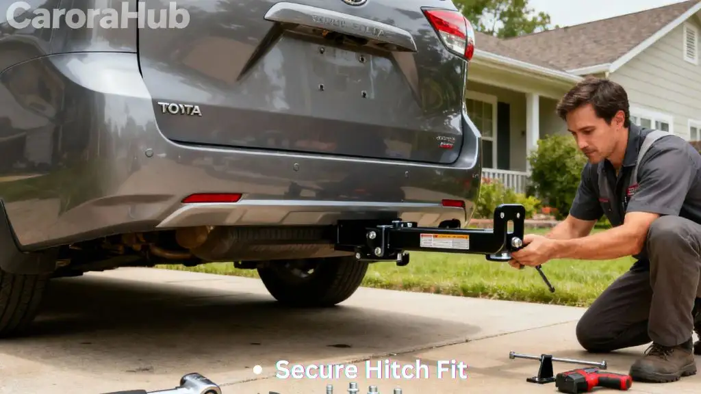 Mechanic installing a trailer hitch under a Toyota Sienna using factory mounting points.