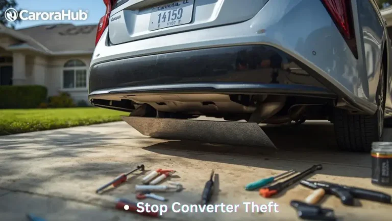 Mechanic installing a catalytic converter shield on a Toyota Prius for theft protection.