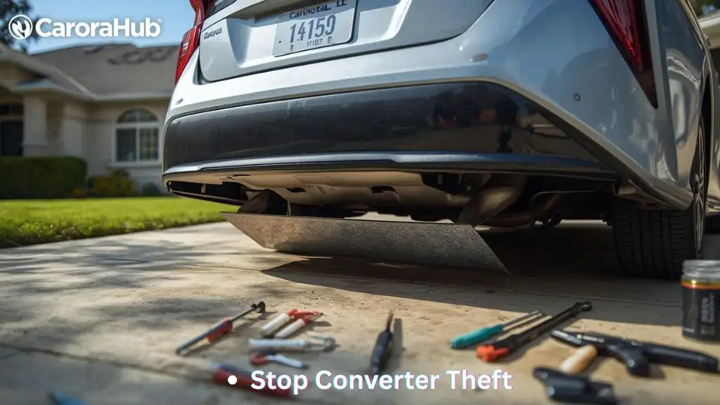 Mechanic installing a catalytic converter shield on a Toyota Prius for theft protection.