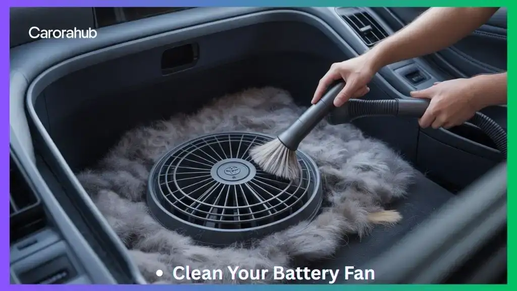 A DIYer using a vacuum and brush to remove dust and hair from a Toyota Prius hybrid battery cooling fan to prevent overheating.