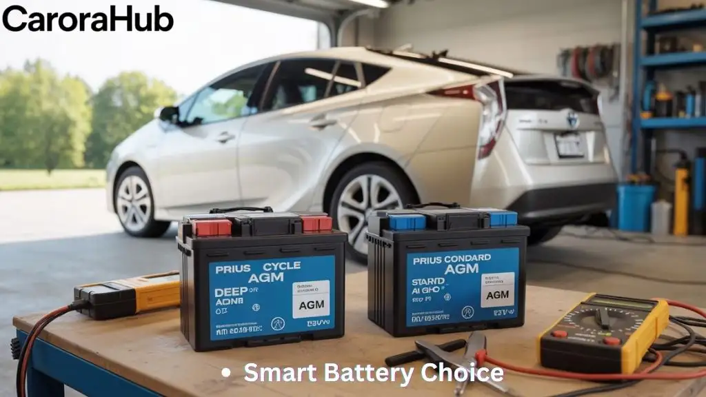Prius 12V Battery Deep Cycle Vs Standard AGM showing two AGM battery types compared on a workbench