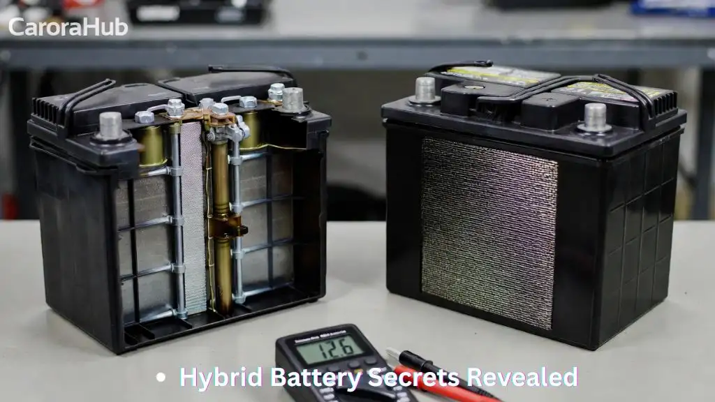A side-by-side visual comparison between a deep cycle AGM battery and a standard lead-acid battery to show internal differences for a Toyota Prius.