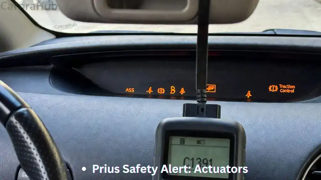 A Toyota Prius dashboard showing multiple brake warning lights and an OBD2 scanner displaying the C1391 brake actuator failure code.