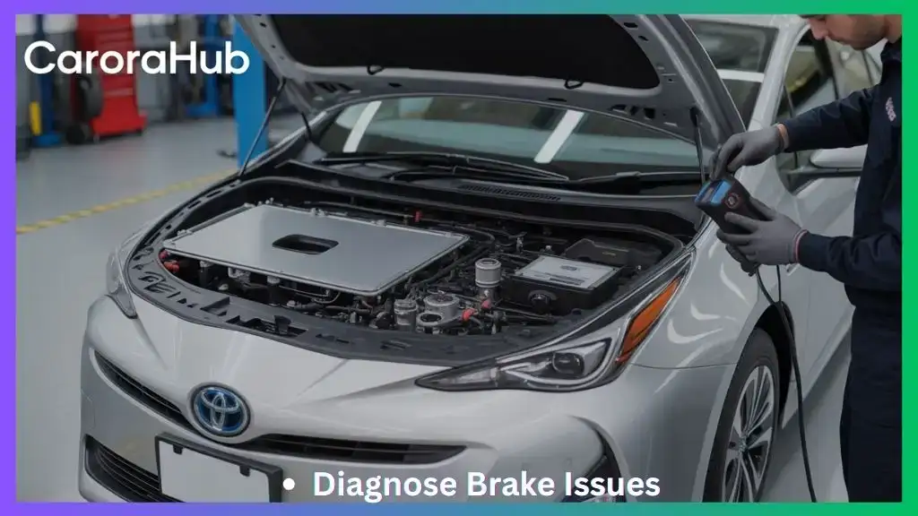 Toyota Prius Brake Actuator Failure Signs showing technician diagnosing brake actuator system