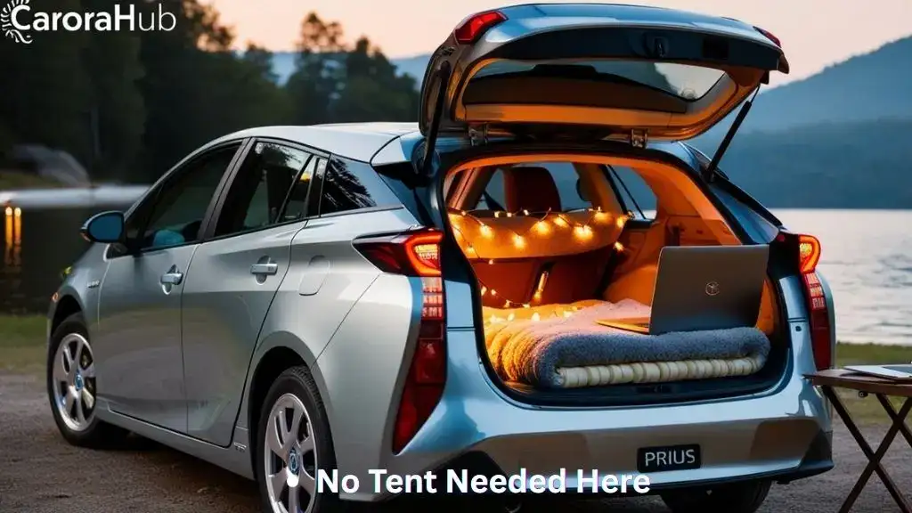 Toyota Prius interior with folded seats and mattress showing Toyota Prius Camping Setup And Habitable Mode.