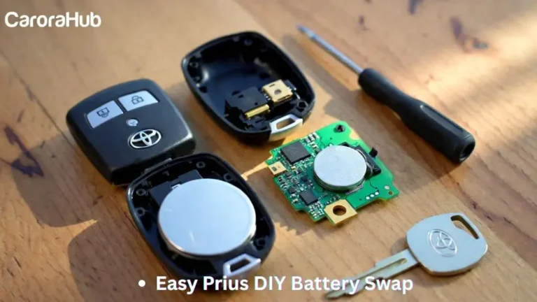 A disassembled Toyota Prius smart key fob on a wooden surface with a new battery and tools ready for replacement.