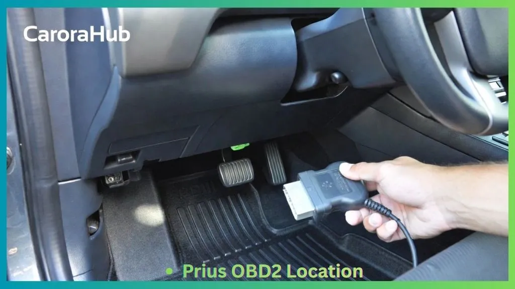Where is the Obd2 Port in Toyota Prius showing driver footwell and diagnostic port location
