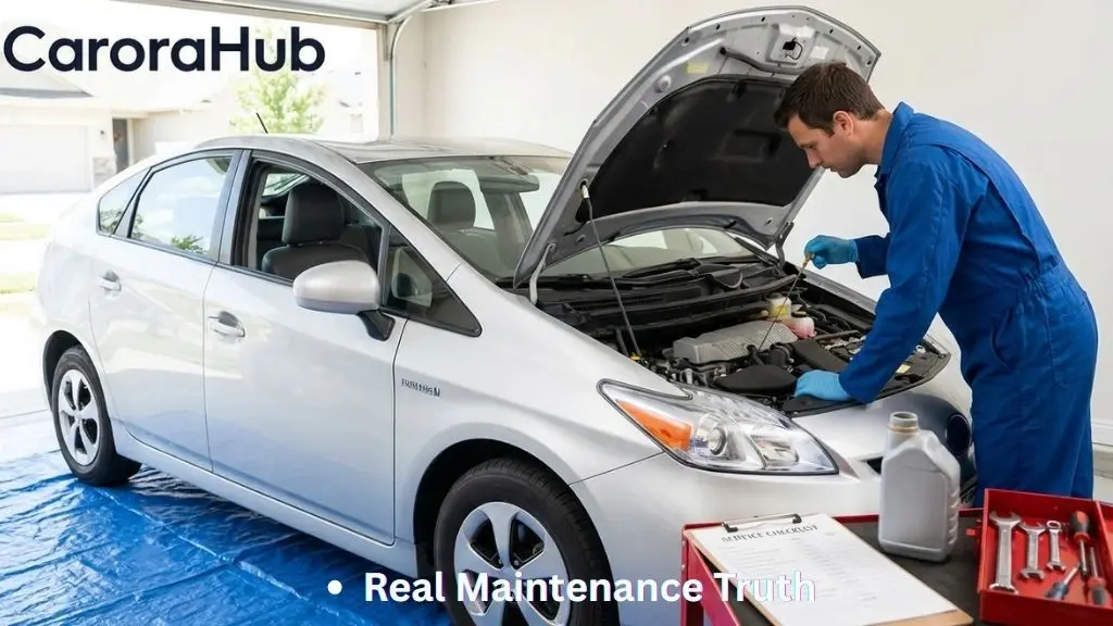 Are Toyota Prius Maintenance Costs Lower Than Gas Cars showing routine Prius maintenance in a home garage