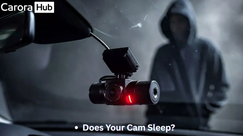 A dash cam recording a suspicious person near a parked car at night, demonstrating how parking mode works when the engine is off.