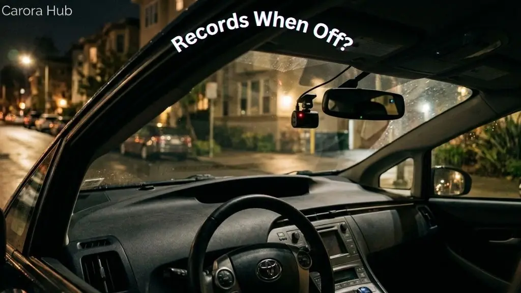 Does a Dash Cam Record When the Car Is Off showing active dash cam inside parked car at night