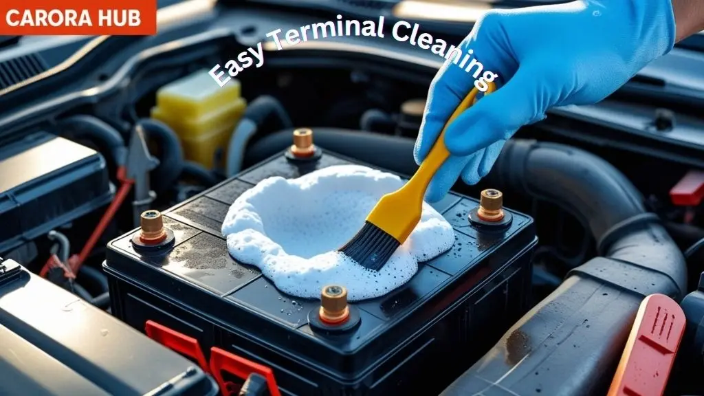 How to Clean Car Battery Terminals With Baking Soda showing corrosion removal on battery posts